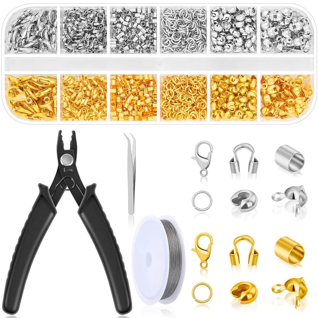 SANNIDHI 1200Pcs Crimp Beads for Jewellery Making Kit, Includes Gold Silver Bracelet Clasps and Closures, Crimp Covers/Tubes/Ends, Jump Rings, Pliers, Tweezer & Beading Wires for DIY Necklace Jewelry SANNIDHI 1200Pcs Crimp Beads for Jewellery Making Kit, Includes Gold Silver Bracelet Clasps and Closures, Crimp Covers/Tubes/Ends, Jump Rings, Pliers, Tweezer & Beading Wires for DIY Necklace Jewelry